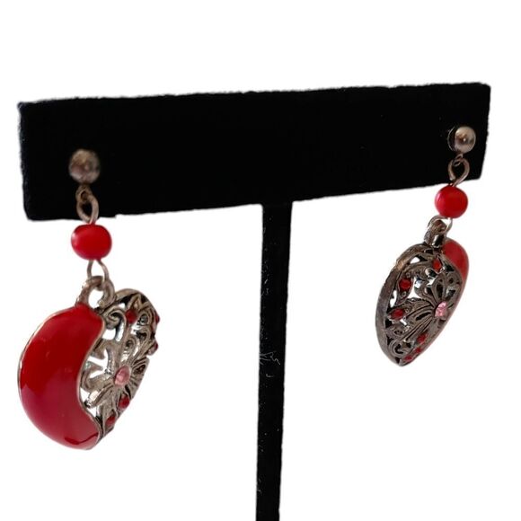 Red Enameled Heart Dangle Earrings‎ Romantic Bohemian Pierced Valentines PATINA. - Picture 6 of 14